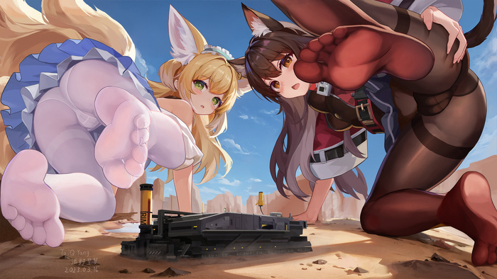 Two long-eared ones - NSFW, Foot fetish, Tights, Animal ears, Pantsu, Giantess, Arknights, skyfire, Suzuran, Anime art, 18+