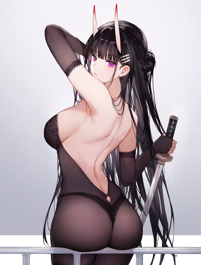 Noshiro - NSFW, Anime art, Anime, Azur lane, Noshiro, Girl with Horns, Booty, Pantsu, Katana, 18+, Urdha