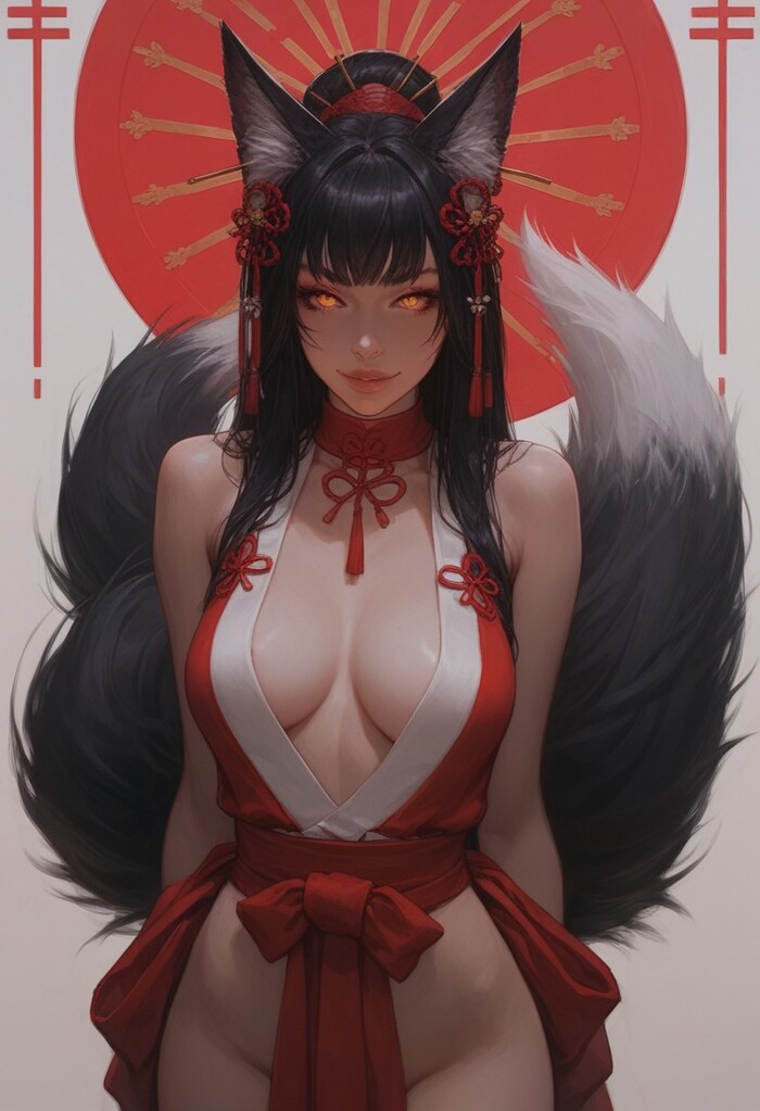 Китсуне - 18+, Моё, Арты нейросетей, Обои на телефон, Аниме, Длиннопост, NSFW, Кицунэ, Animal Ears, Хвост, Сиськи
