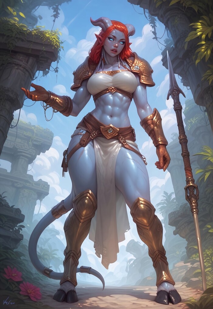 Дренейка воин - 18+, Моё, Арты нейросетей, Сиськи, World of Warcraft, Дренеи, Длиннопост, NSFW