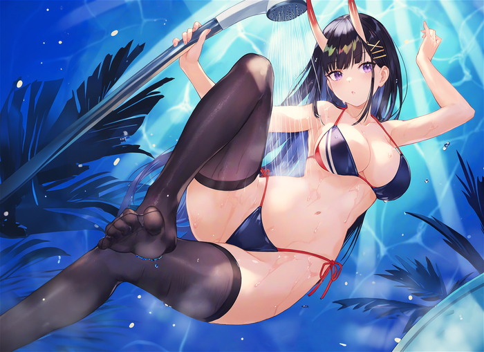 Noshiro - 18+, Anime art, Anime, Azur lane, Noshiro, Swimsuit, Girl with Horns, Stockings, NSFW, Urdha
