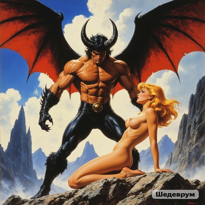 Demon Servant - 18+, My, Neural Network Content, Neural network art, Girls, Hand-drawn erotica, Anime, Boobs, Erotic, Art, NSFW