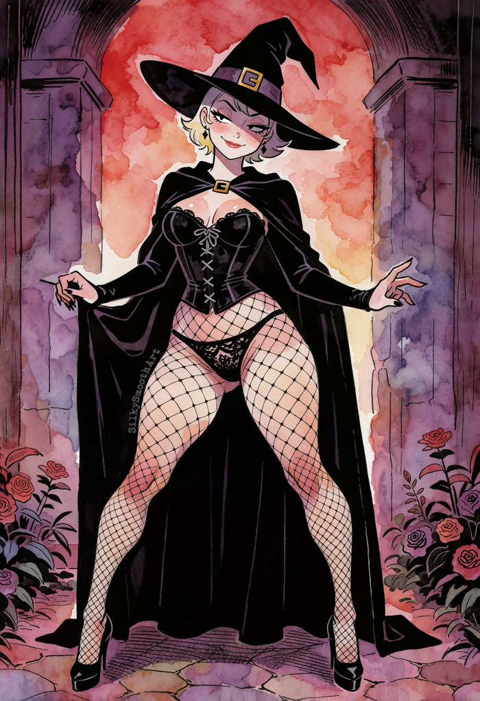 Little Witch - 18+, My, Neural Network Content, Neural network art, Art, Erotic, Boobs, Girls, Witches, Stable diffusion, NSFW