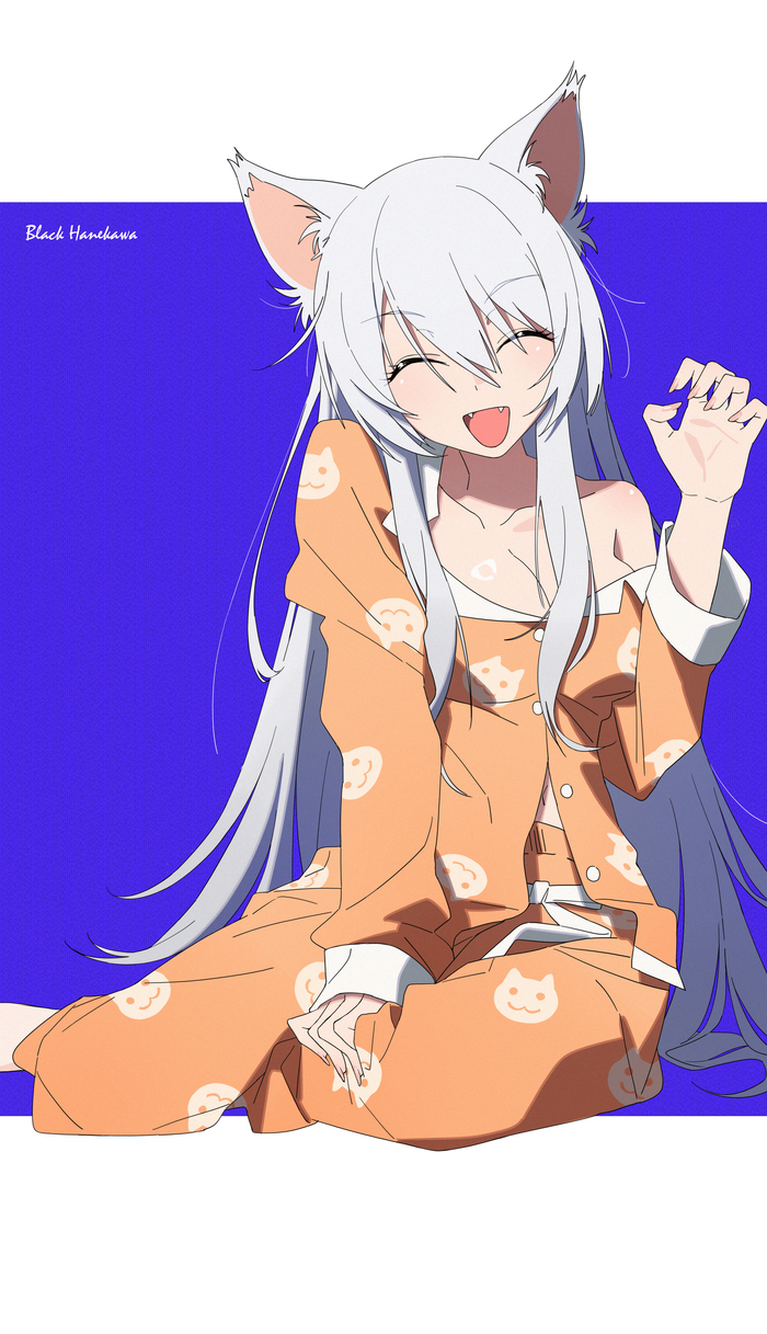 Cat - Series Monogatari, 18+, Anime art, Anime, Monogatari series, Bakemonogatari, Hanekawa tsubasa, Black hanekawa, Animal ears, Neko, Pajamas, NSFW