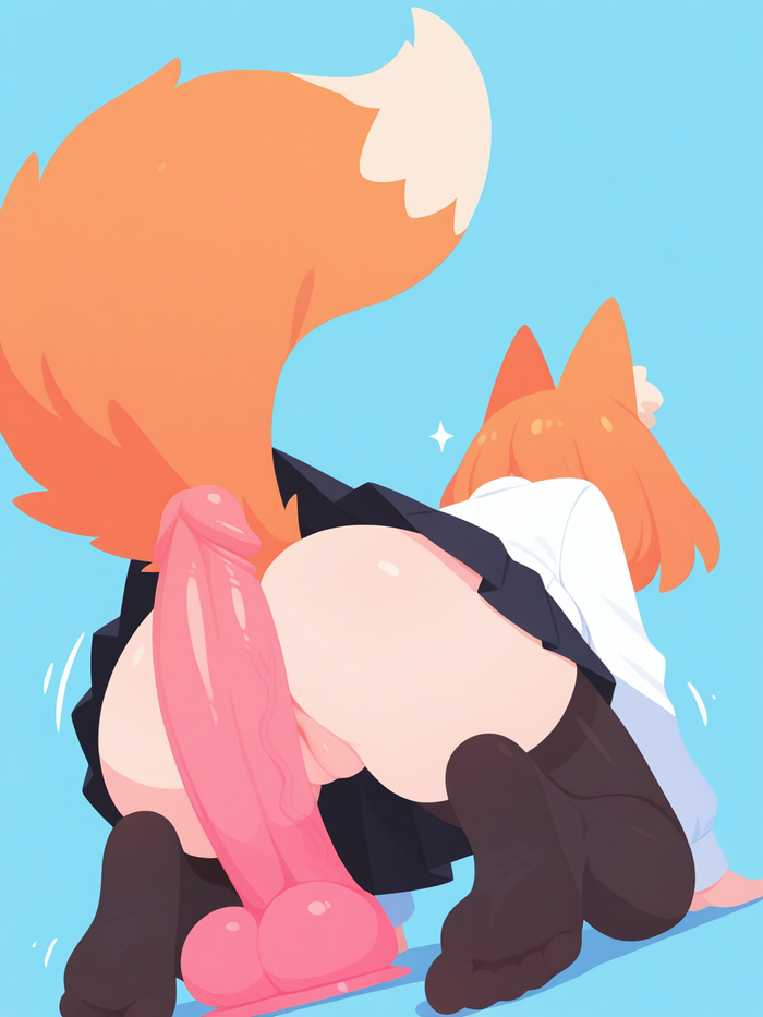 At the start - 18+, My, Neural Network Content, Neural network art, Anime, Stable diffusion, Sdxl, Cameltoe, Dildo, Stockings, Skirt, Mini skirt, Ears, Tail, Shirt, Neko, Booty, NSFW