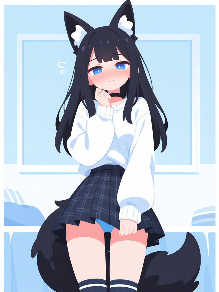 And why is everyone looking at me like that... - 18+, My, Neural Network Content, Neural network art, Anime, Stable diffusion, Sdxl, Embarrassment, Choker, Skirt, Stockings, Pullover, Underpants, Neko, Ears, Tail, Blue eyes, NSFW
