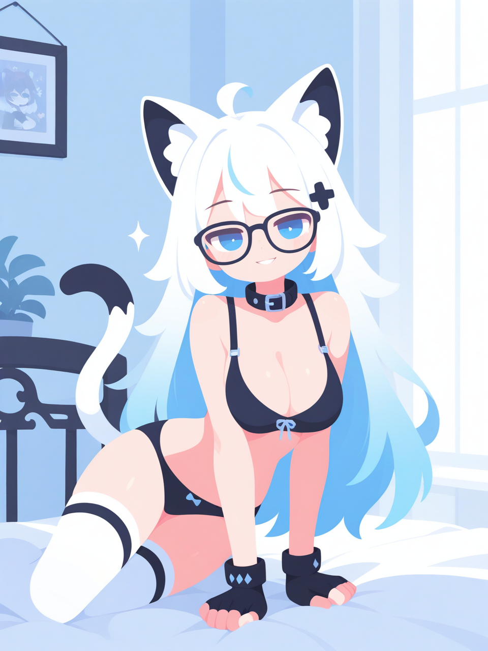 White - 18+, My, Neural Network Content, Neural network art, Anime, Stable diffusion, Sdxl, Colorful hair, Blue eyes, White hair, Neko, Ears, Tail, Bra, Boobs, Stockings, Choker, Longpost, NSFW