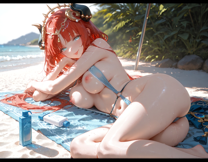 Summer time - 18+, Neural Network Content, Anime art, Genshin impact, Nilou (Genshin Impact), Amber, Noelle (Genshin Impact), Lumine (Genshin Impact), Huuoliv, Swimsuit, Summer, Beach, Sea, Parasol, Hand-drawn erotica, Longpost, NSFW, Girls
