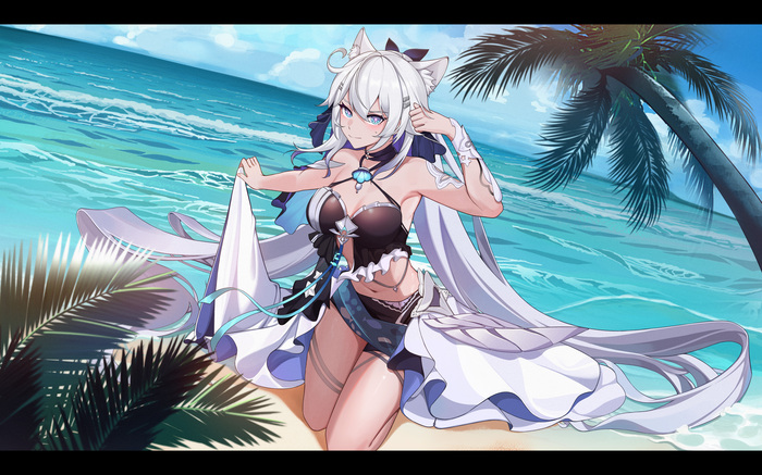 Kiana - 18+, Anime art, Anime, Honkai Impact, Kiana kaslana, Hand-drawn erotica, Animal ears, Sea, Palm trees, NSFW