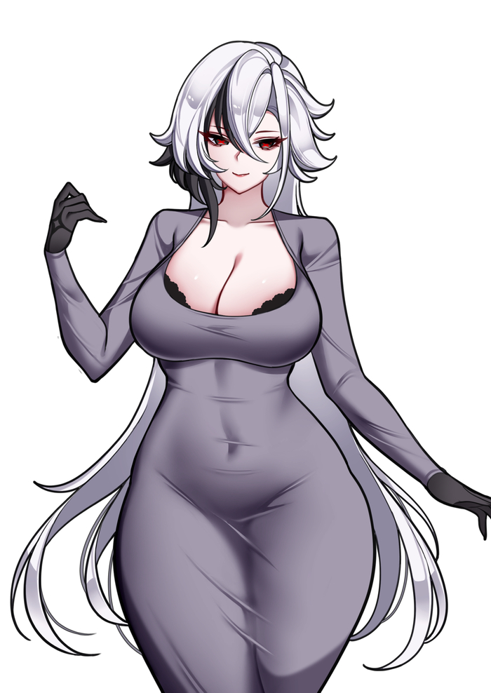 Does this dress suit her? - 18+, Genshin impact, Anime art, Art, Hand-drawn erotica, Erotic, Arlecchino (Genshin Impact), Boobs, Navel, NSFW