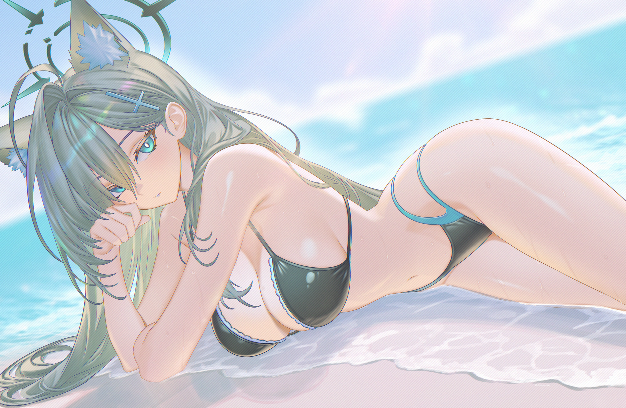 Terror - 18+, Anime art, Anime, Blue archive, Shiroko Terror, Bikini, Animal ears, Sea, Swimsuit, NSFW