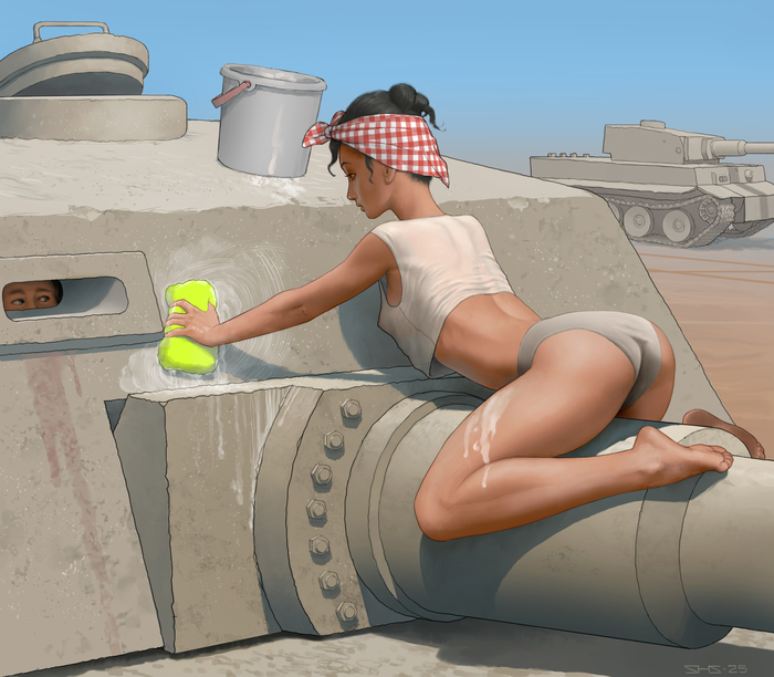 Cleaning the Iron Caput - 18+, Art, Drawing, Girls, Erotic, Hand-drawn erotica, Without underwear, Upskirt, Booty, Labia, Bent over, Back view, Steven Stahlberg, NSFW