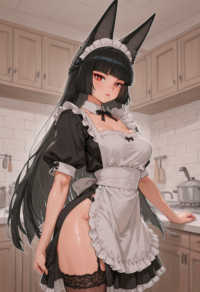 Continuation of the post Miyabi - 18+, My, Neural Network Content, Zenless Zone Zero, Hoshimi Miyabi (zzz), Art, Girls, Games, Anime, Anime art, Neural network art, Animal ears, Housemaid, Stockings, Reply to post, NSFW