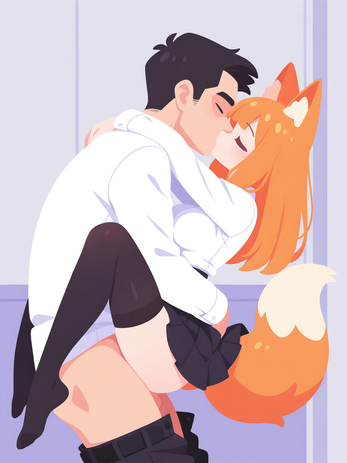 Didn't wait - 18+, My, Neural Network Content, Neural network art, Anime, Stable diffusion, Sdxl, Redheads, Stockings, Neko, Erotic, Skirt, Mini skirt, Boobs, Tail, Shirt, Animal ears, NSFW
