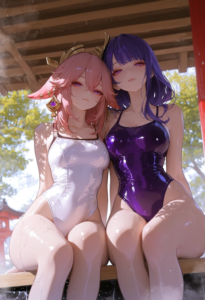 Girlfriends - 18+, Neural Network Content, Art, Anime, Genshin impact, Anime art, Yae Miko (Genshin Impact), Raiden Shogun (Genshin Impact), Girls, Animal ears, The hot springs, Swimsuit, Booty, Hips, Legs, Pink hair, Purple hair, Erotic, Hand-drawn erotica, Neural network art, Longpost, NSFW