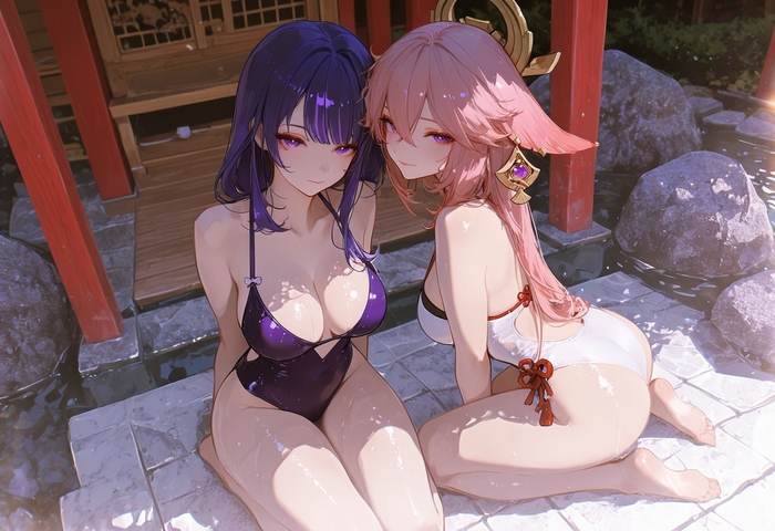 Girlfriends - 18+, Neural Network Content, Art, Anime, Genshin impact, Anime art, Yae Miko (Genshin Impact), Raiden Shogun (Genshin Impact), Girls, Animal ears, The hot springs, Swimsuit, Booty, Hips, Legs, Pink hair, Purple hair, Erotic, Hand-drawn erotica, Neural network art, Longpost, NSFW