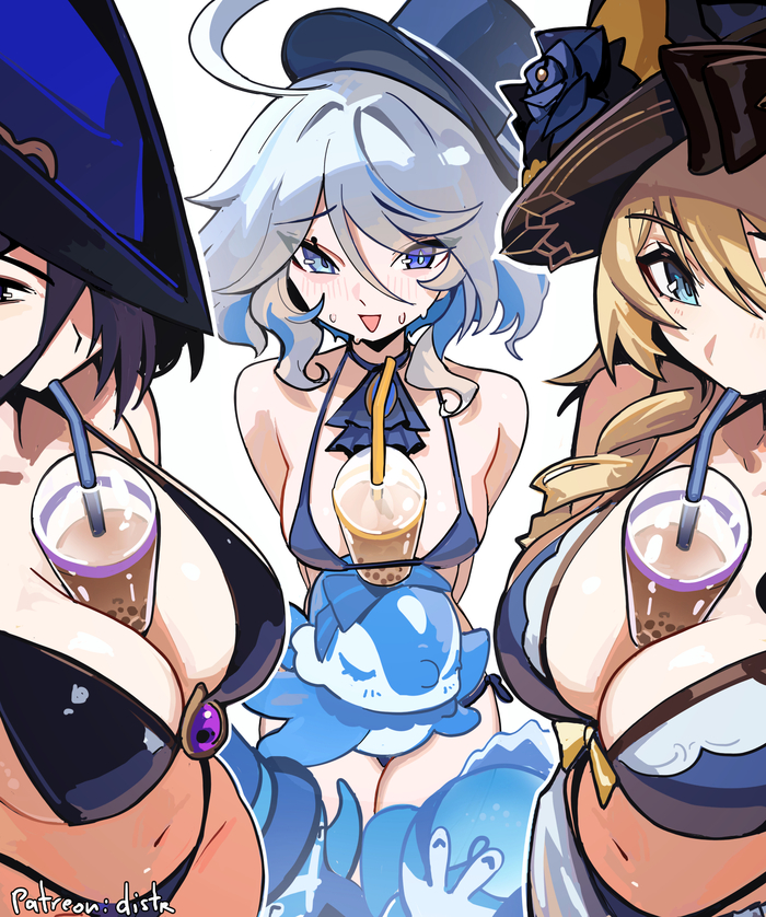 Hey, stop grinning! The gendarme is just helping me keep my balance! This round of the challenge is going exactly according to plan. - 18+, Anime, Anime art, Clorinde (Genshin Impact), Furina (Genshin Impact), Navia (Genshin Impact), Genshin impact, Swimsuit, NSFW