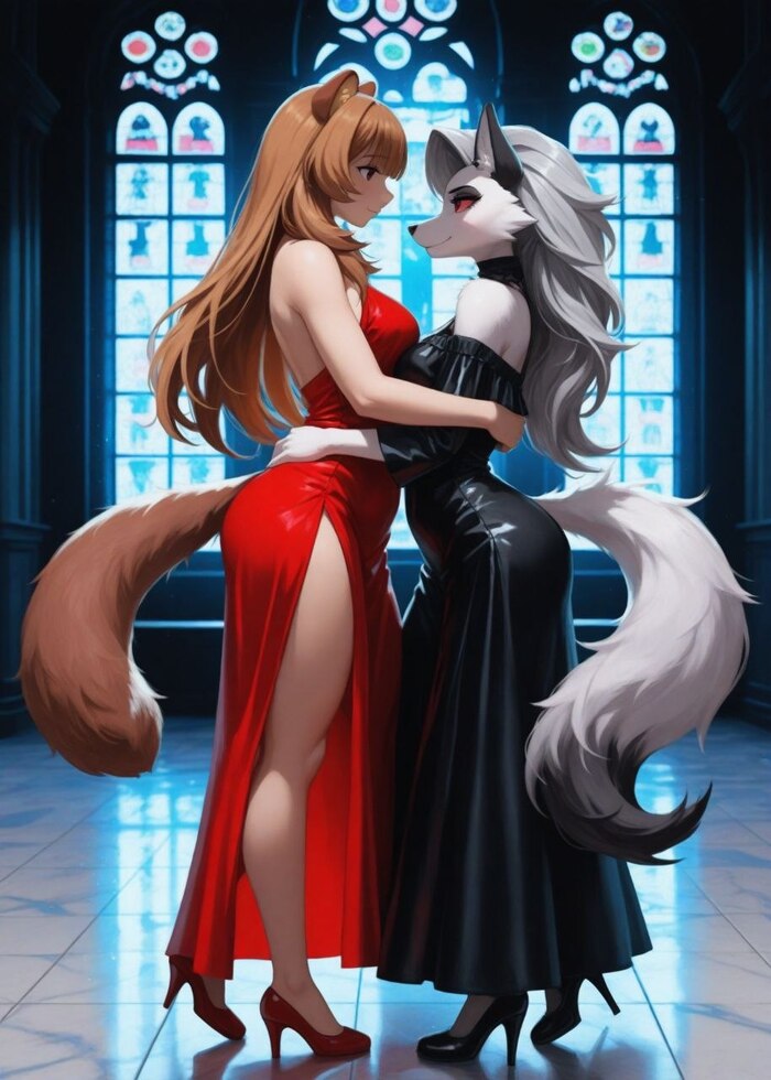 Loona & Raphtalia - 18+, My, Neural Network Content, Furry, Loona (Helluva Boss), Raphtalia, The dress, Evening Dress, Neural network art, NSFW