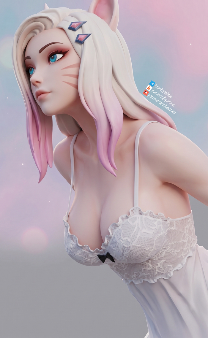 Ari | League of Legends - 18+, My, Art, Erotic, 3D, Game art, Lyashu, Ahri, League of legends, Riot games, Boobs, Nightie, NSFW