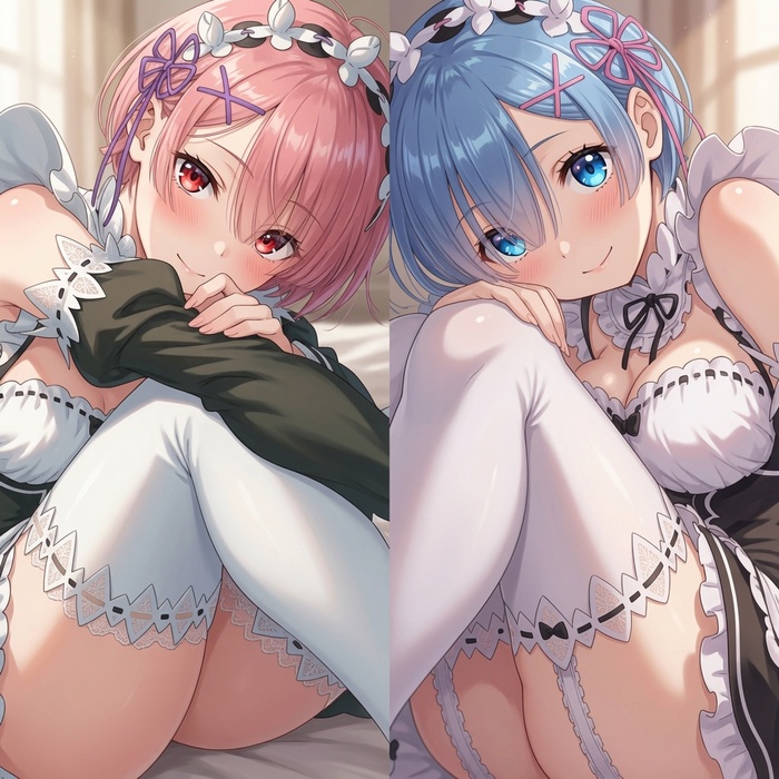 Little sisters - Series My anime is real, 18+, Neural Network Content, Anime, Anime art, Re: Zero Kara, Rem (Re: Zero Kara), Ram (Re: Zero Kara), Housemaid, NSFW