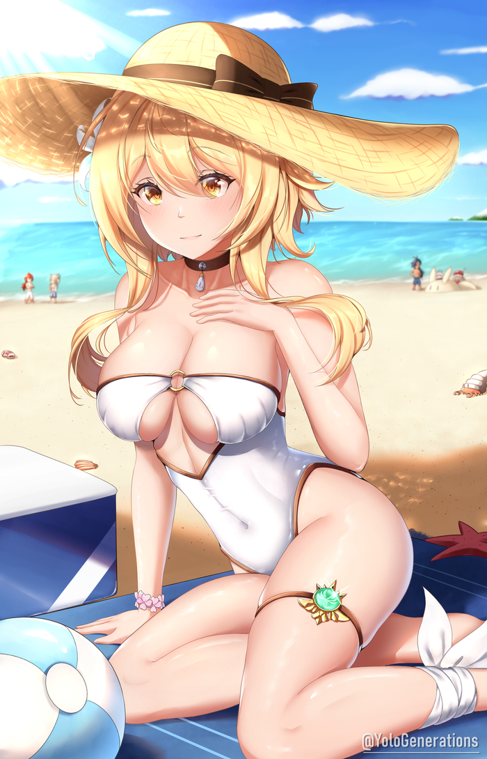 To hell with searching for my brother and running errands for Katerina, today is my official beach day. - 18+, Anime, Anime art, Lumine (Genshin Impact), Genshin impact, Jean (Genshin Impact), Klee (Genshin Impact), Swimsuit, NSFW