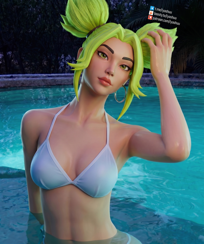 Zeri | League of Legends - 18+, My, Zeri, League of legends, Art, Erotic, Boobs, Swimsuit, Colorful hair, Riot games, 3D, Lyashu, NSFW