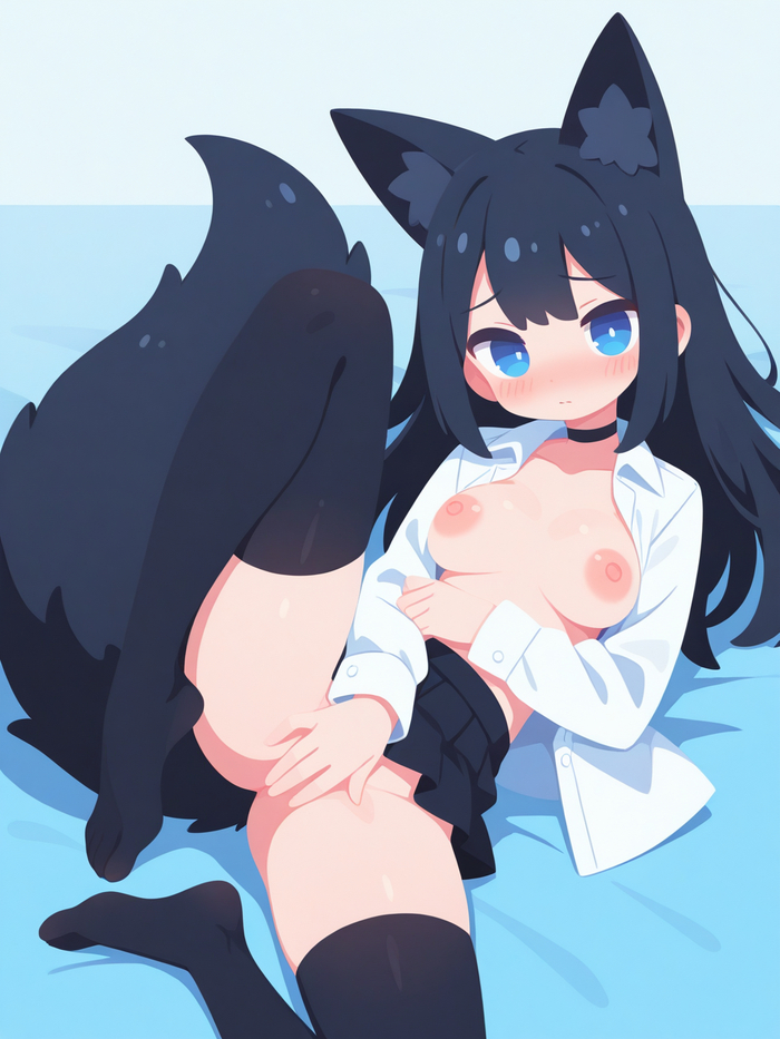 Please don't look there. - 18+, My, Neural Network Content, Neural network art, Anime, Stable diffusion, Sdxl, Embarrassment, Choker, Shirt, Skirt, Mini skirt, Stockings, Neko, Ears, Tail, Boobs, Nipples, Without underwear, Feet, NSFW