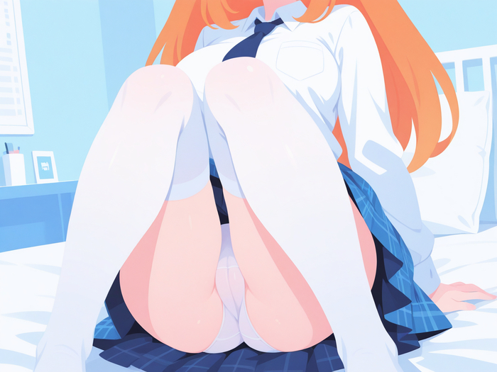 Very thin - 18+, My, Neural Network Content, Neural network art, Anime, Stable diffusion, Sdxl, Redheads, Bra, Without bra, Boobs, Booty, Cameltoe, Underpants, Mini skirt, Skirt, Shirt, Stockings, Longpost, NSFW