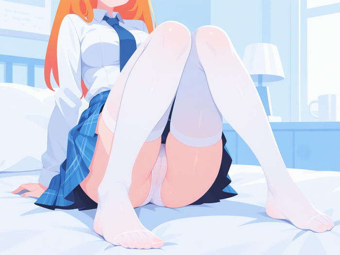 Very thin - 18+, My, Neural Network Content, Neural network art, Anime, Stable diffusion, Sdxl, Redheads, Bra, Without bra, Boobs, Booty, Cameltoe, Underpants, Mini skirt, Skirt, Shirt, Stockings, Longpost, NSFW