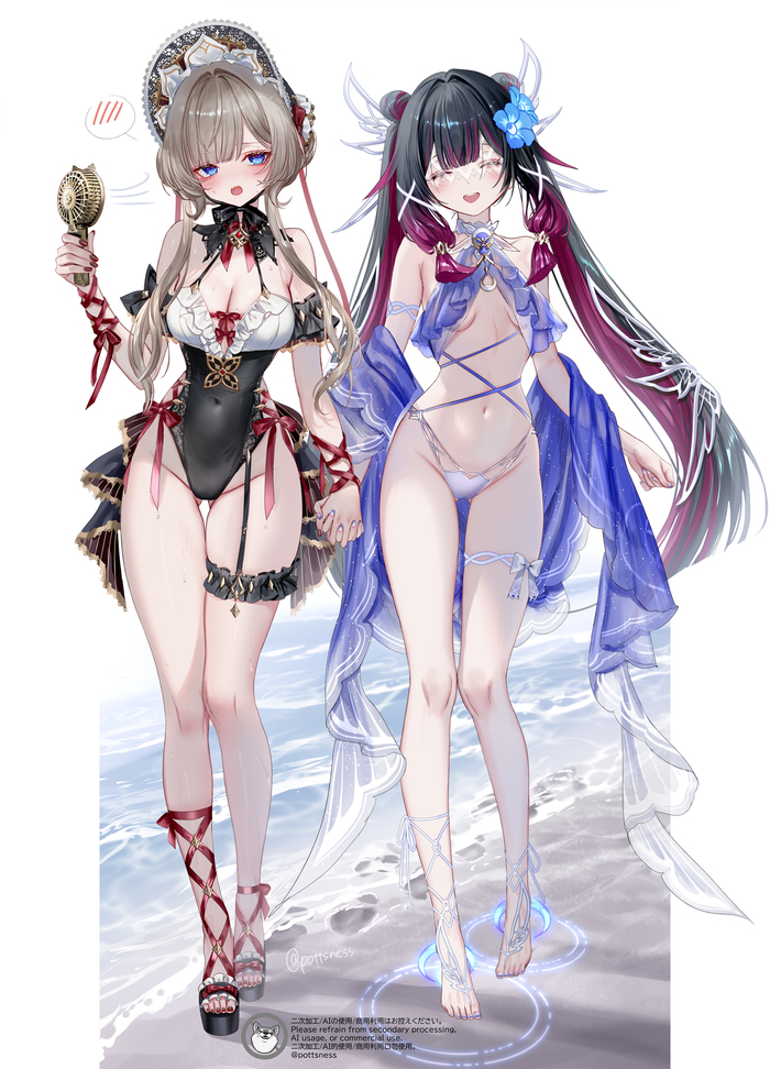 Girlfriends on the beach - 18+, Genshin impact, Anime art, Art, Erotic, Hand-drawn erotica, Pottsness, Sandrone, Columbina (Genshin Impact), Boobs, Navel, Swimsuit, Feet, Beach, NSFW