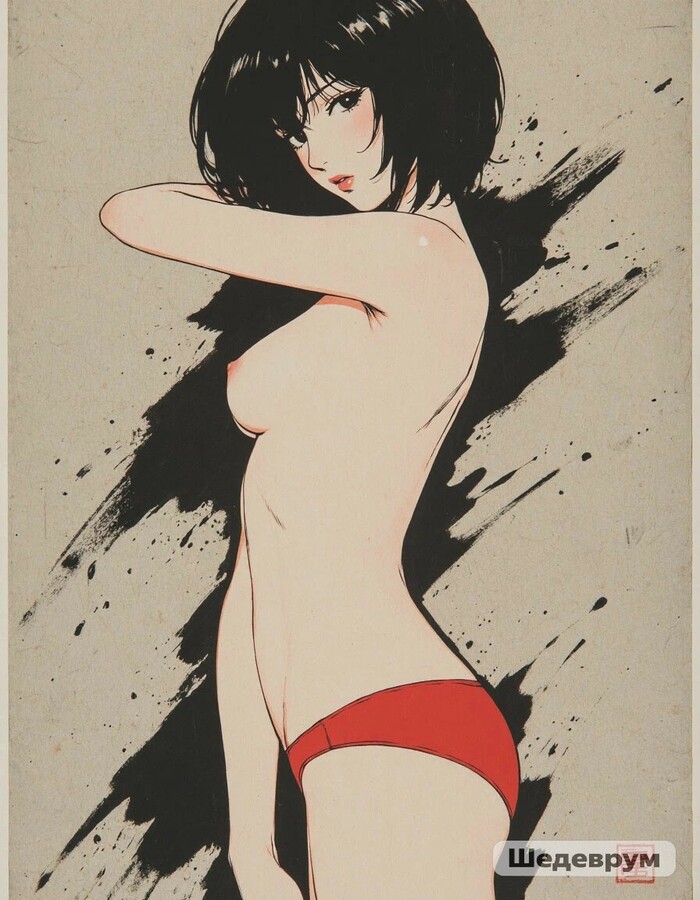 Girl with a bob - 18+, My, Neural Network Content, Neural network art, Girls, Anime, Hand-drawn erotica, Boobs, Erotic, Art, Underwear, Anime art, NSFW