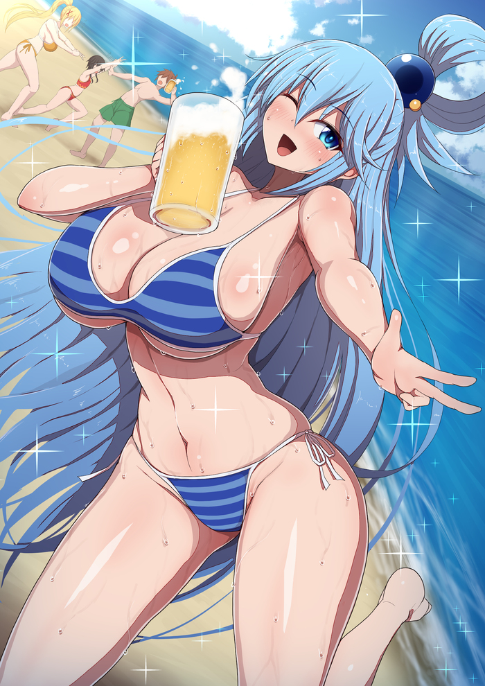 1737 subscribers. You got Aqua. - 18+, Anime, Anime art, Aqua, Darkness, Megumin, Satou kazuma, Konosuba, Swimsuit, Beer, NSFW