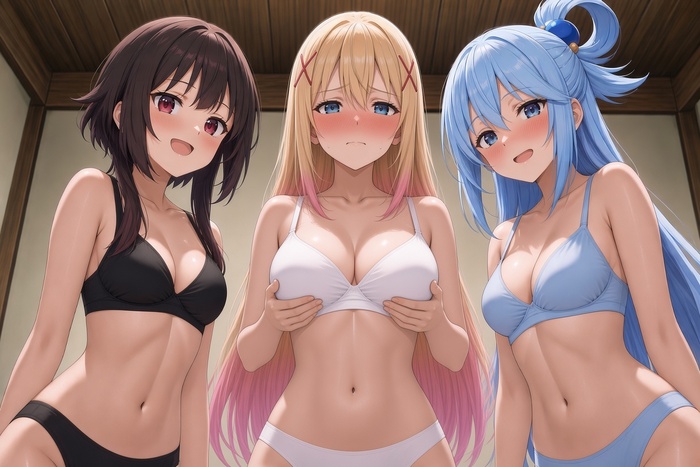 After failing another quest - Series Konosuba, 18+, Neural Network Content, Anime, Anime art, Konosuba, Megumin, Darkness, Aqua, Underwear, NSFW