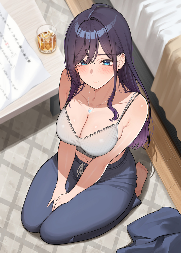 I like to sit low. It doesn't hurt as much when I fall. - 18+, Anime, Anime art, Girls, Original character, On the knees, Whiskey, Bra, NSFW