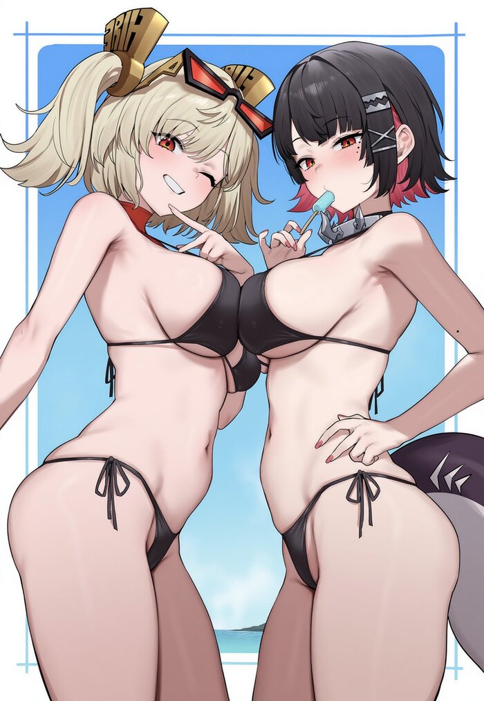 На пляже - 18+, Аниме, Anime Art, Девушки, Игры, Zenless Zone Zero, Ellen Joe (zzz), Burnice White (zzz), Купальник, Бикини, Хвост, Море, Мороженое, NSFW