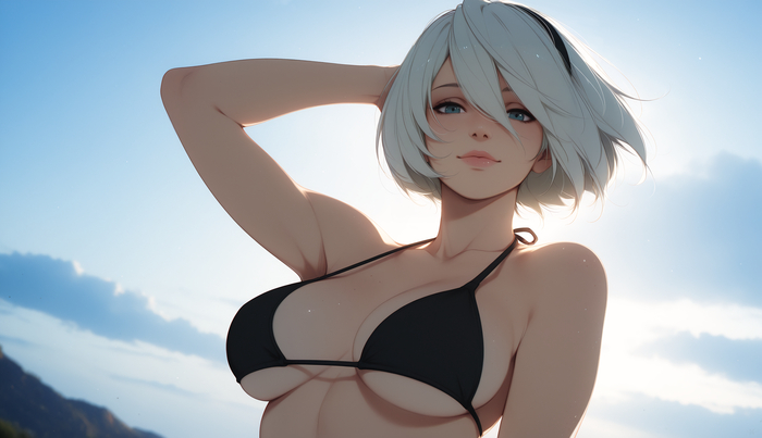 Bikini girls - 18+, Neural network art, Art, Erotic, Boobs, Anime, Bikini, Longpost, Anime art, NSFW