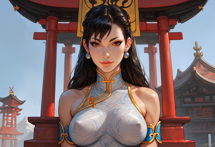 Chun Li - 18+, My, Neural Network Content, Neural network art, Boobs, Chun-Li, Longpost, NSFW