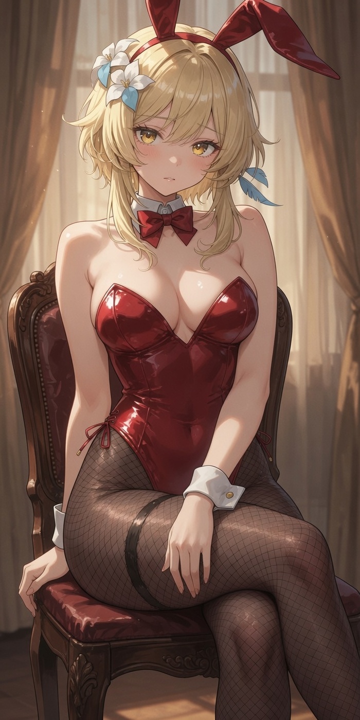 Bunny Lumine - Series Rabbits, 18+, Neural Network Content, Anime, Anime art, Genshin impact, Lumine (Genshin Impact), Bunnysuit, NSFW