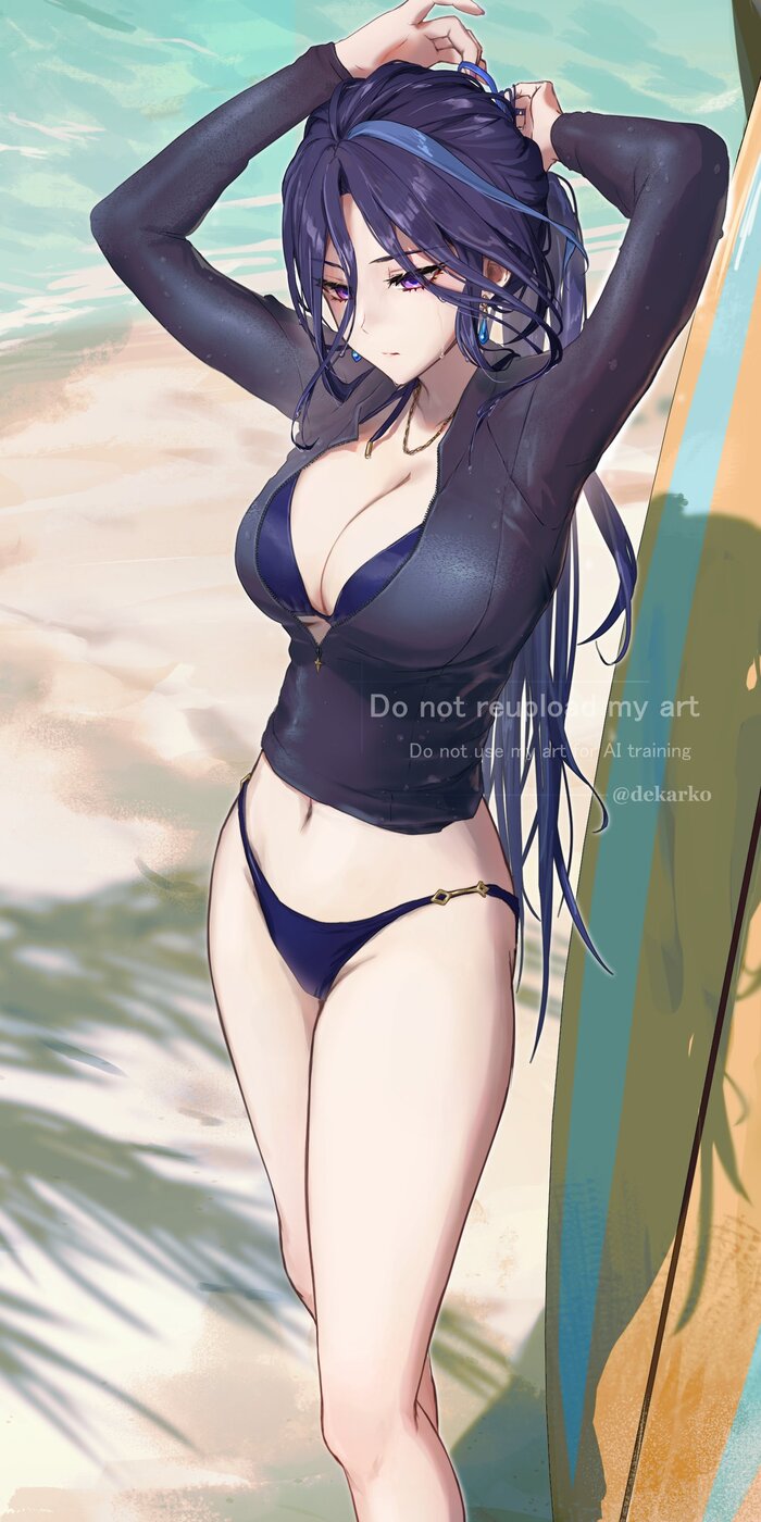 Beach Clorinda - 18+, Genshin impact, Anime art, Art, Erotic, Hand-drawn erotica, Clorinde (Genshin Impact), Beach, Boobs, Navel, Swimsuit, NSFW