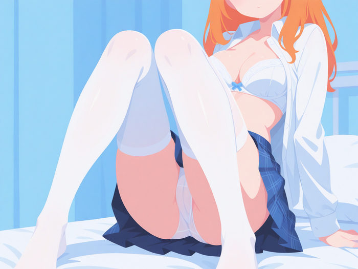 Very thin - 18+, My, Neural Network Content, Neural network art, Anime, Stable diffusion, Sdxl, Redheads, Bra, Without bra, Boobs, Booty, Cameltoe, Underpants, Mini skirt, Skirt, Shirt, Stockings, Longpost, NSFW