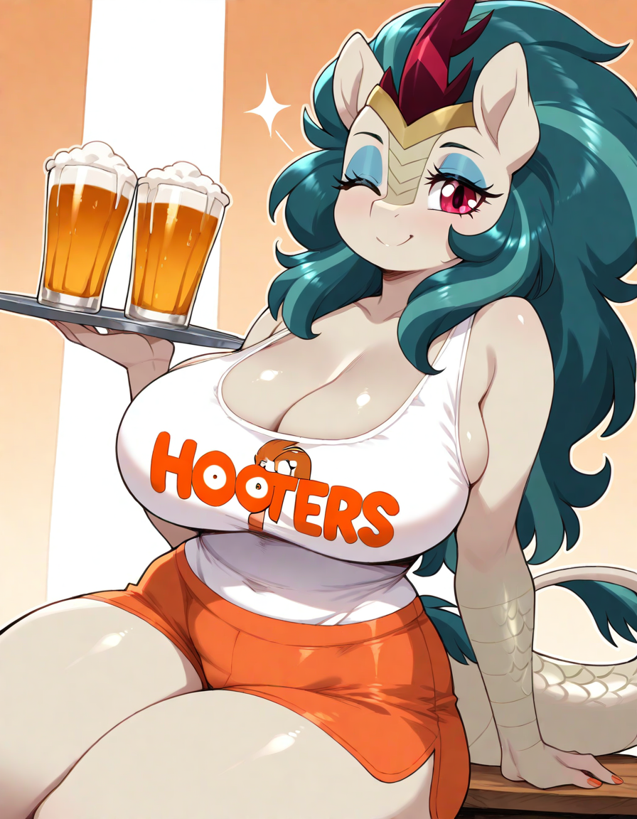 The diner At Soveliy's - Series Neuropony art, 18+, Neural Network Content, Neural network art, My little pony, MLP Suggestive, Anthro, Pinkie pie, Rarity, Fluttershy, Applejack, Twilight sparkle, Nightmare moon, Princess luna, Princess celestia, Princess ember, Hooters, Big size, NSFW