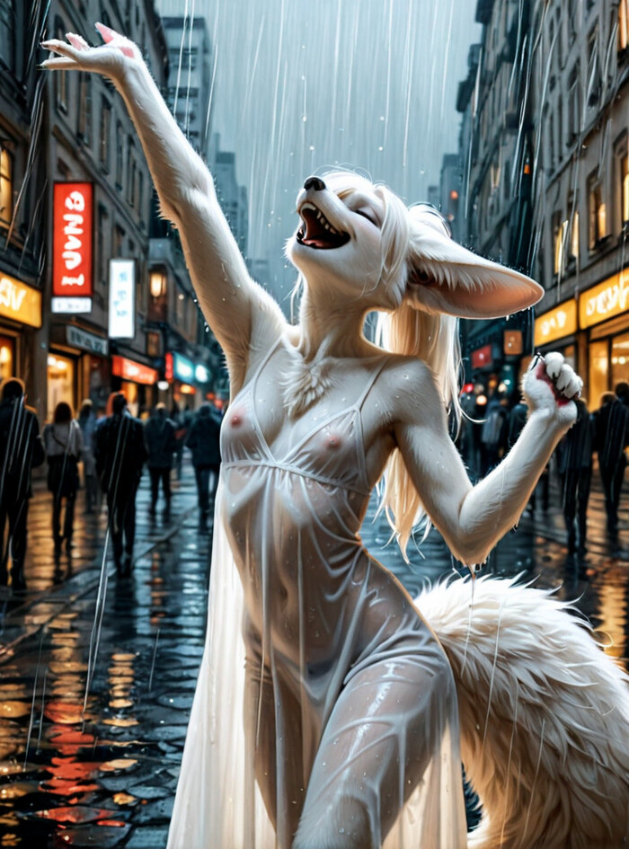 A fox in the rain in the middle of the city - 18+, Neural Network Content, Neural network art, Furry, Furry fennec, Furry fox, Furry canine, NSFW