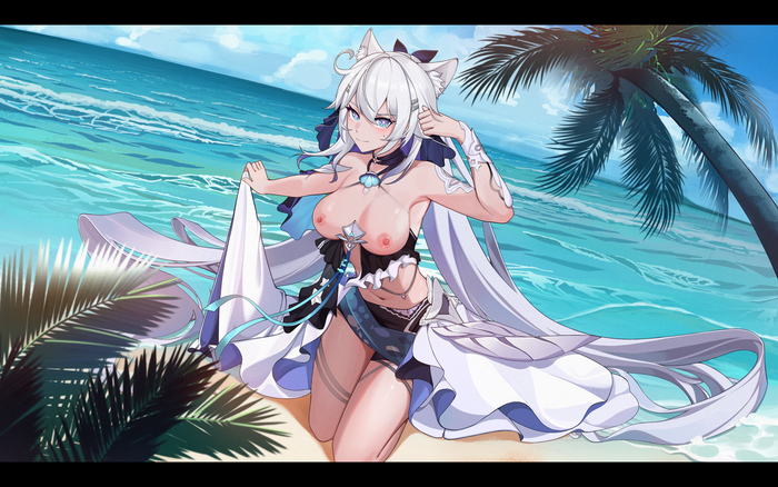 Kiana - 18+, Anime art, Anime, Honkai Impact, Kiana kaslana, Hand-drawn erotica, Animal ears, Sea, Palm trees, NSFW