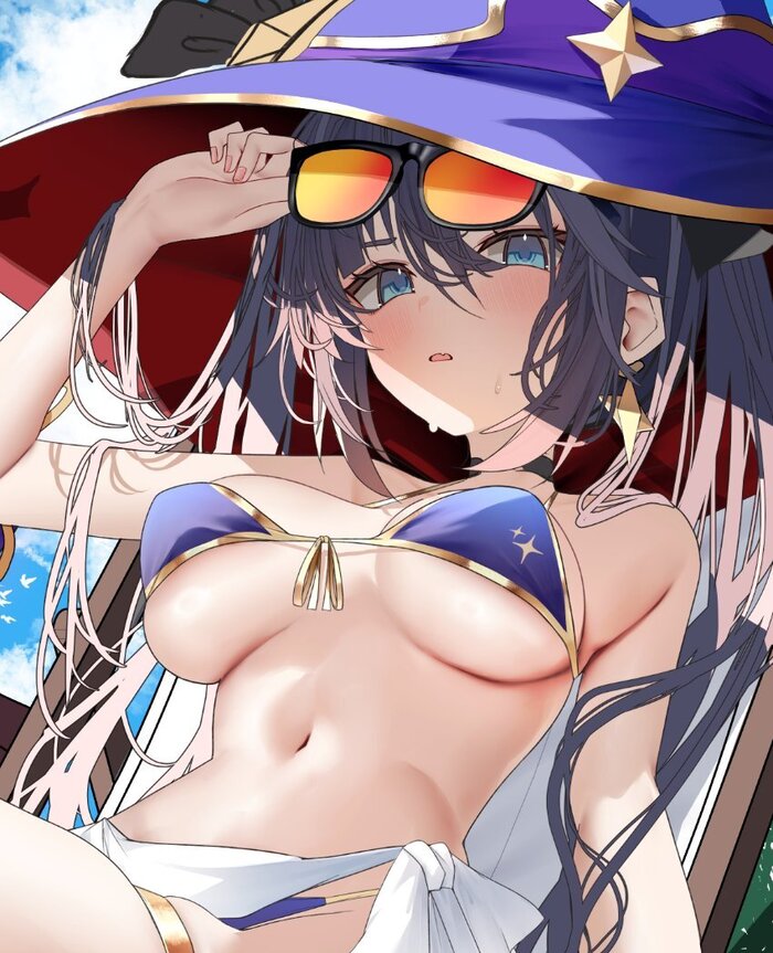 Mona - 18+, Genshin impact, Anime art, Art, Hand-drawn erotica, Erotic, Mona (genshin impact), Boobs, Navel, Swimsuit, NSFW
