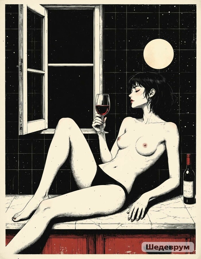 By the window - 18+, My, Neural Network Content, Neural network art, Girls, Anime, Hand-drawn erotica, Erotic, Art, Boobs, NSFW