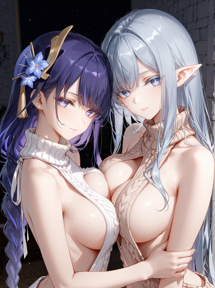 E&A - 18+, Neural Network Content, Anime art, Genshin impact, Raiden Shogun (Genshin Impact), Tsaritsa (Genshin Impact), Virgin killer sweater, Elves, Longpost, NSFW