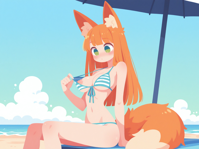 The swimsuit is too small - 18+, My, Neural Network Content, Neural network art, Anime, Stable diffusion, Sdxl, Boobs, Nipples, Swimsuit, Neko, Tail, Anime art, Animal ears, Beach, Sea, Green eyes, NSFW