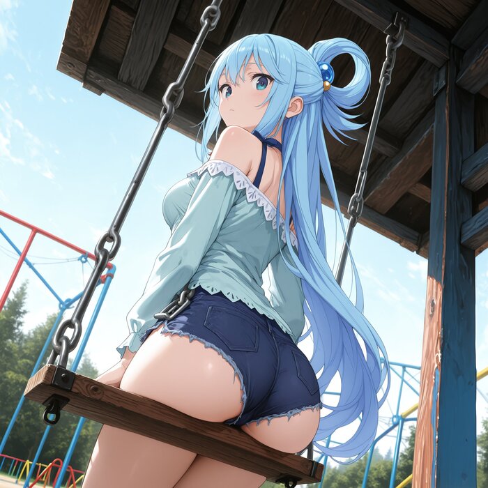 Aqua and swings - 18+, Neural Network Content, Girls, Anime, Anime art, Neural network art, Konosuba, Aqua, Swing, Booty, Longpost, NSFW