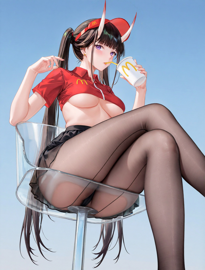 Break - 18+, Anime art, Anime, Azur lane, Noshiro, Urdha, Girl with Horns, Tights, McDonald's, NSFW
