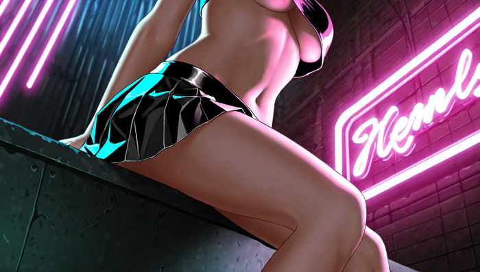 WallPaper - 18+, My, Neural network art, Neural Network Content, Hand-drawn erotica, Anime, Cameltoe, Skirt, Neon, Boobs, NSFW